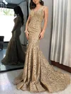 Trumpet/Mermaid Sweep Train V-neck Lace Prom Dresses #Milly020114849