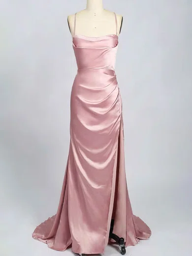Sheath/Column Square Neck Satin Prom Dresses With Ruched #Milly020114851