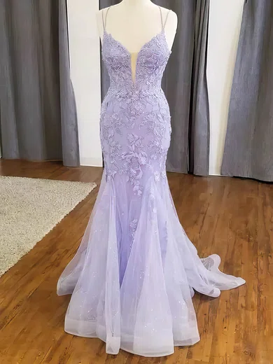 Mermaid V-neck Tulle Prom Dresses With Appliques #Milly020114857