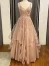 A-line V-neck Tulle Glitter Floor-length Prom Dresses With Cascading Ruffles #Milly020114862