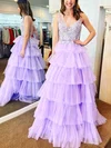 Princess V-neck Tulle Sweep Train Prom Dresses With Tiered #Milly020114863