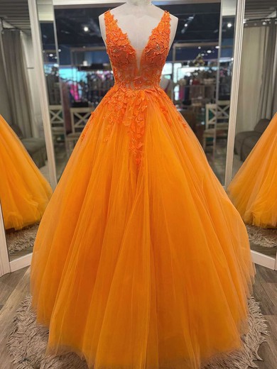 Ball Gown V-neck Tulle Floor-length Beading Prom Dresses #Milly020114867