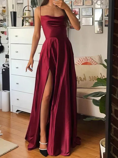 A-line Cowl Neck Floor-length Satin Prom Dresses #Milly020114869