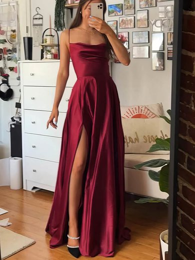 A-line Floor-length Cowl Neck Silk-like Satin Split Front Prom Dresses #Milly020114869