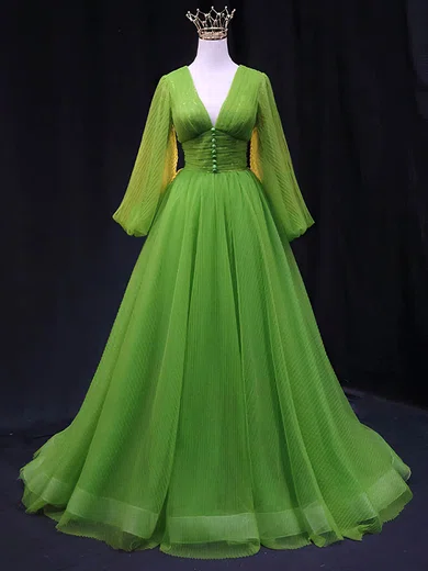 Ball Gown V-neck Puff Sleeve Lace Tulle Prom Dresses With Ruched #Milly020114871