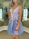 A-line V-neck Tulle Short/Mini Short Prom Dresses With Flower(s) #Milly020114873