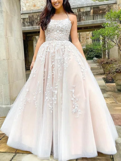A-line Scoop Neck Tulle Sweep Train Prom Dresses With Appliques Lace #Milly020114878