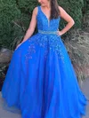 Ball Gown V-neck Tulle Sweep Train Prom Dresses With Beading #Milly020114880