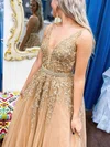 A-line V-neck Tulle Sweep Train Prom Dresses With Appliques Lace #Milly020114889