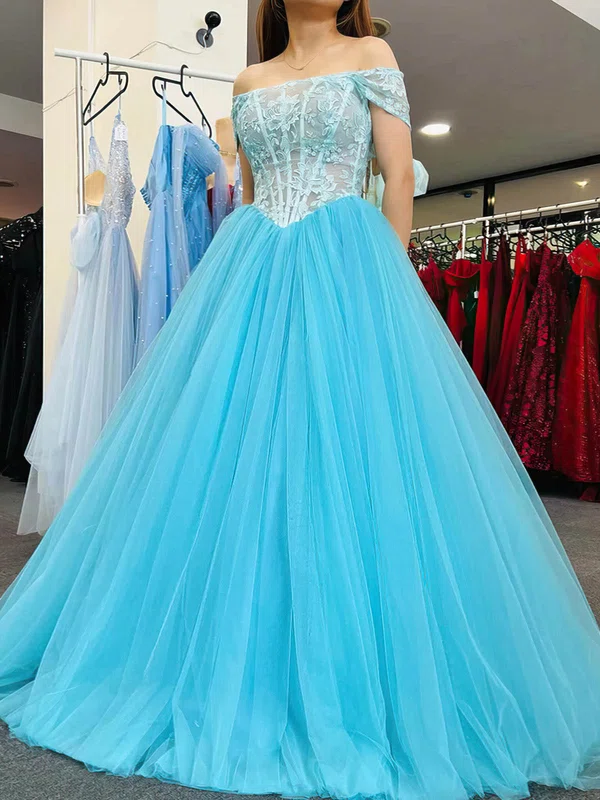 Ball Gown Off-the-shoulder Tulle Sweep Train Prom Dresses With Appliques Lace #Milly020114898