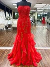 Sheath/Column Strapless Tulle Sweep Train Prom Dresses With Cascading Ruffles #Milly020114901