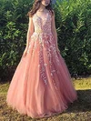Ball Gown V-neck Tulle Sweep Train Prom Dresses With Sashes / Ribbons #Milly020114908