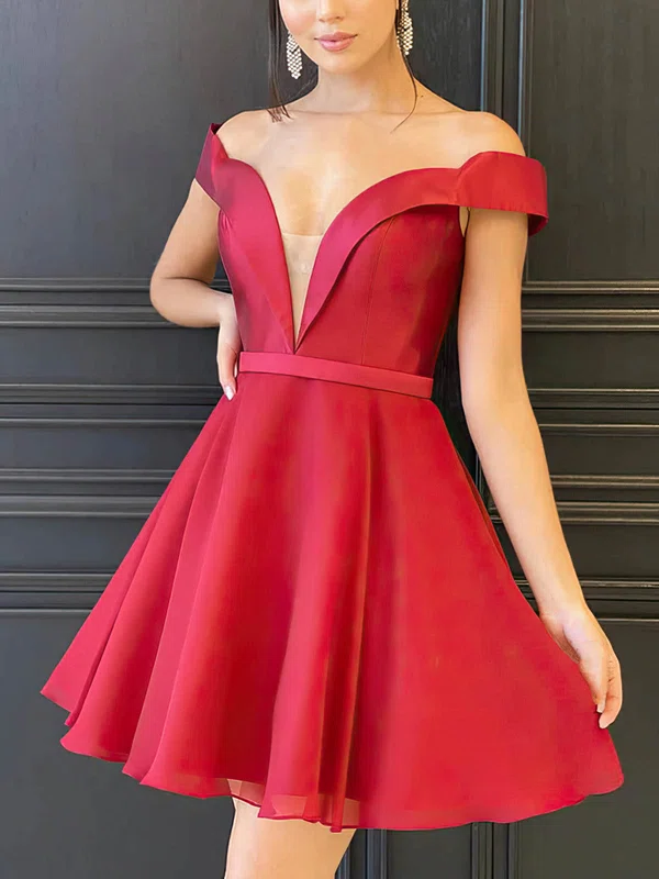 A-line Off-the-shoulder Chiffon Satin Short/Mini Short Prom Dresses With Sashes / Ribbons #Milly020114909