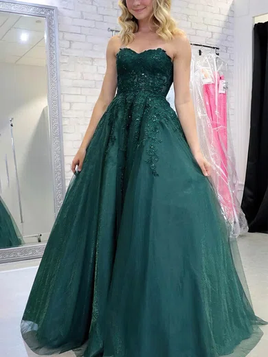 Ball Gown Strapless Floor-length Tulle Prom Dresses With Appliques #Milly020114911