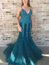 Trumpet/Mermaid Sweep Train V-neck Tulle Appliques Lace Prom Dresses #Milly020114913