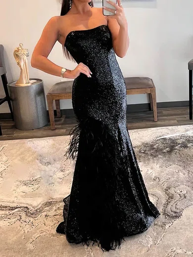 Mermaid Strapless Sparkly Sequin Prom Dresses With Feather #Milly020114916