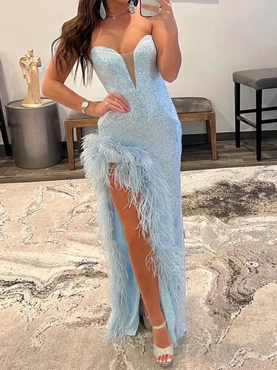 Sheath/Column Sweetheart Sequined Sweep Train Prom Dresses With Feathers / Fur S020114918
