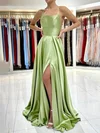 A-line Sweep Train Square Neckline Silk-like Satin Split Front Prom Dresses #Milly020114929