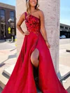 A-line One Shoulder Satin Sequined Sweep Train Prom Dresses With Split Front #Milly020114947
