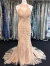 Trumpet/Mermaid Scoop Neck Tulle Sweep Train Prom Dresses With Appliques Lace #Milly020114966