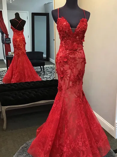 Mermaid V-neck Floor-length Lace Prom Dresses With Appliques #Milly020114967