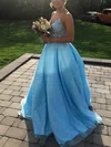 Ball Gown V-neck Satin Tulle Sweep Train Prom Dresses With Appliques Lace #Milly020114979