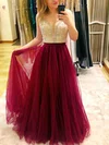A-line V-neck Tulle Floor-length Prom Dresses With Beading #Milly020114981