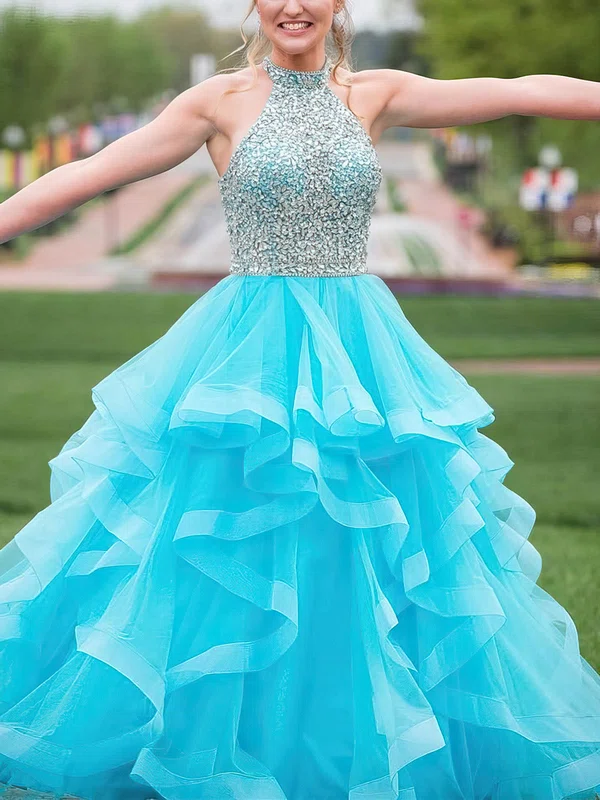 Ball Gown/Princess High Neck Tulle Sweep Train Prom Dresses With Tiered #Milly020114983