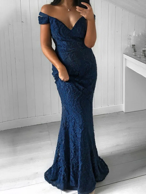 Sheath/Column Off-the-shoulder Lace Sweep Train Prom Dresses #Milly020114987