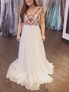 A-line V-neck Chiffon Sweep Train Prom Dresses With Appliques Lace #Milly020114990