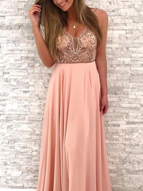 A-line V-neck Chiffon Floor-length Prom Dresses With Beading #Milly020114992