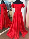A-line Off-the-shoulder Satin Prom Dresses With Puff Sleeve #Milly020115018