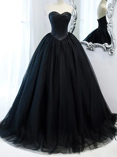 Black Ball Gown Strapless Tulle Prom Dresses With Ruched #Milly020115022