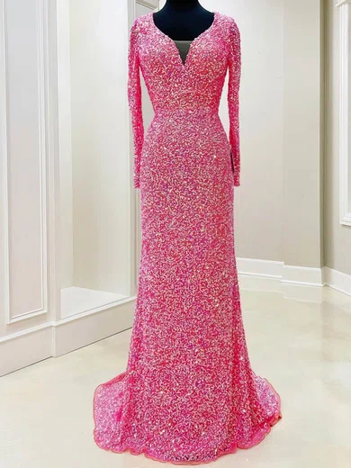 Sheath/Column V-neck Sparkly Sequin Prom Dresses With Long Sleeves #Milly020115024