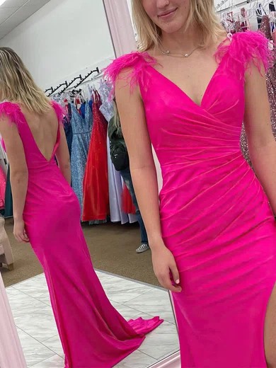 Sheath/Column V-neck Jersey Sweep Train Prom Dresses With Feathers / Fur #Milly020115025