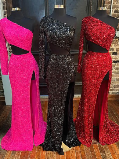 Sheath/Column One Shoulder Sequined Sweep Train Prom Dresses With Split Front #Milly020115029