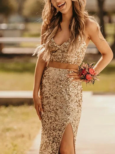 Sheath/Column Sweep Train V-neck Sequined Split Front Prom Dresses #Milly020115032