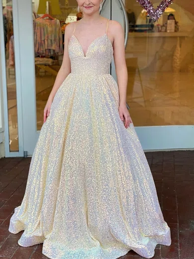 Ball Gown V-neck Sequined Sweep Train Prom Dresses #Milly020115033