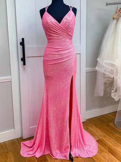 Sheath/Column V-neck Sparkly Sequin Prom Dresses With Ruched #Milly020115036