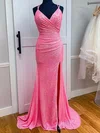 Sheath/Column V-neck Sequined Sweep Train Ruffles Prom Dresses #Milly020115036