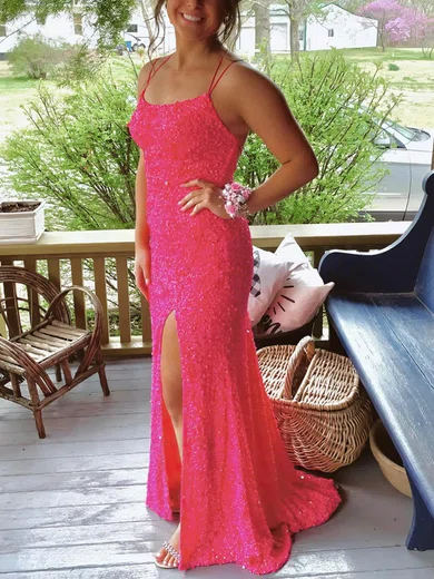 Sheath/Column Scoop Neck Sequined Sweep Train Prom Dresses With Split Front #Milly020115042