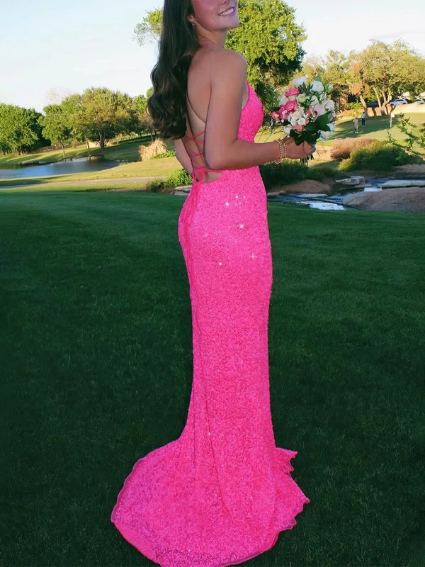 Sheath/Column Scoop Neck Sequined Sweep Train Prom Dresses With Split Front #Milly020115043