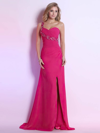 Discount One Shoulder Sweep Train Beading Fuchsia Chiffon Prom Dress #02023121
