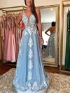 A-line V-neck Tulle Sweep Train Prom Dresses With Appliques Lace #Milly020115063