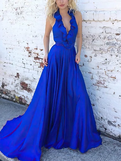 Ball Gown/Princess V-neck Silk-like Satin Sweep Train Prom Dresses With Cascading Ruffles #Milly020115068