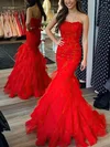 Trumpet/Mermaid Strapless Tulle Sweep Train Prom Dresses With Tiered #Milly020115076