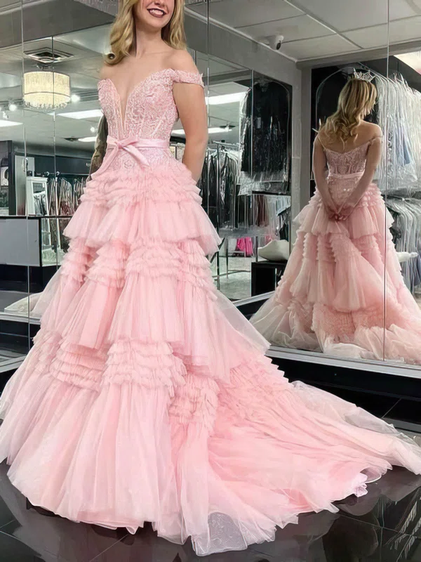 Princess Off-the-shoulder Tulle Sweep Train Prom Dresses With Tiered #Milly020115104