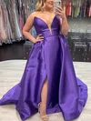 A-line V-neck Satin Sweep Train Prom Dresses With Split Front #Milly020115114