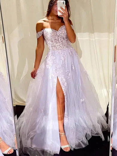 A-line Off-the-shoulder Tulle Sweep Train Prom Dresses With Split Front #Milly020115115