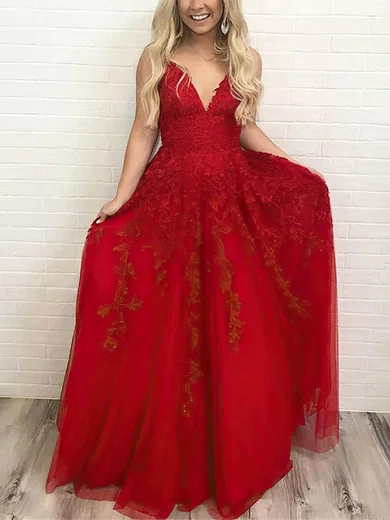 A-line V-neck Tulle Floor-length Prom Dresses With Appliques Lace #Milly020115147